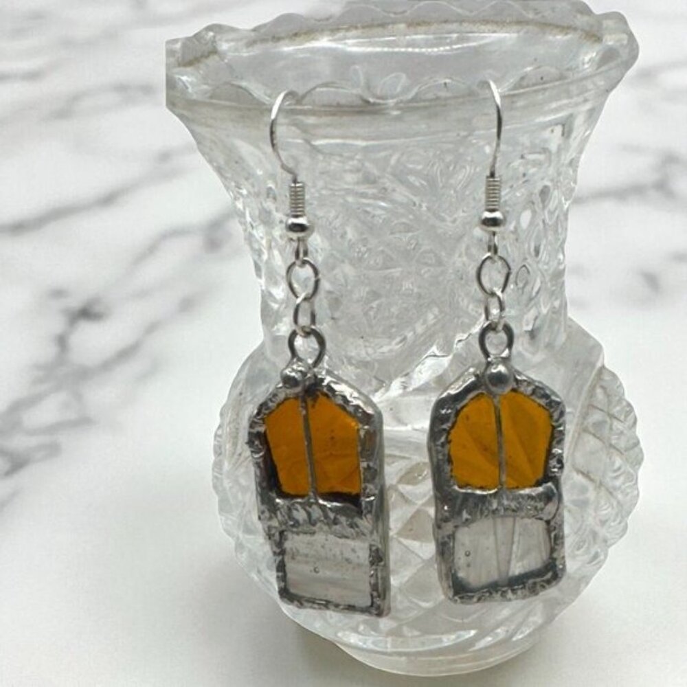 Amber & Clear Stained Glass Dangle Artisan Earrings W/ Silver Solder & 925 Hooks - Picture 9 of 16
